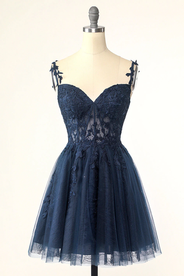 Navy Blue Spaghetti Straps Short Homecoming Dress With Appliques HZ1023